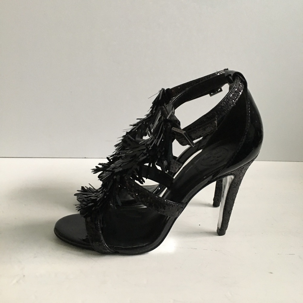 Tory Burch Black Evelyn Sequin Fringe Heels - Picture 4 of 6